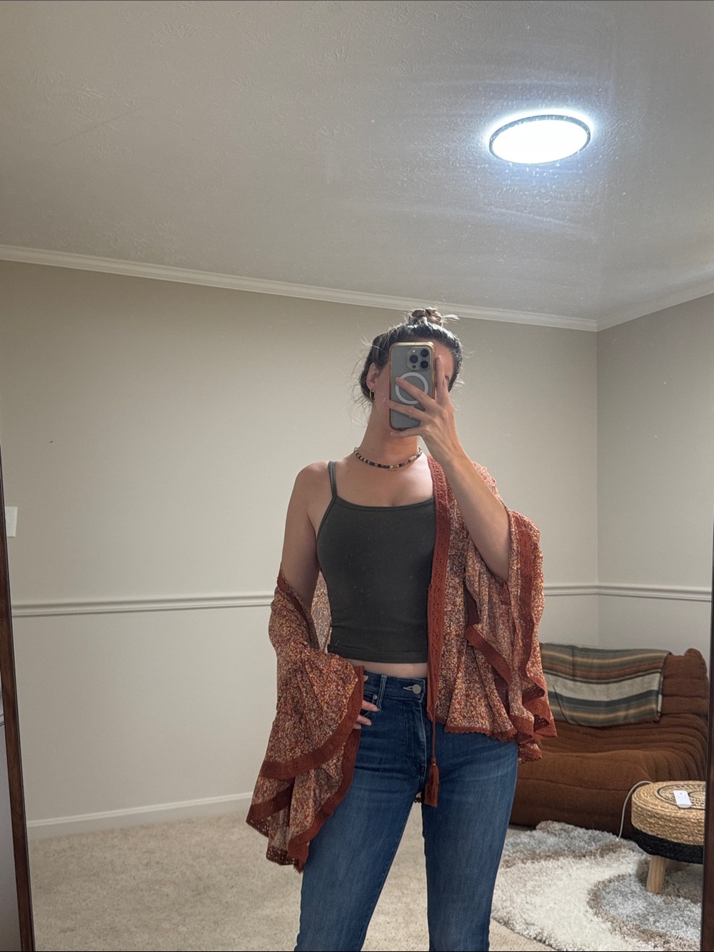 Free People Crochet-Trim Sheer Floral Duster in Rust and Cream